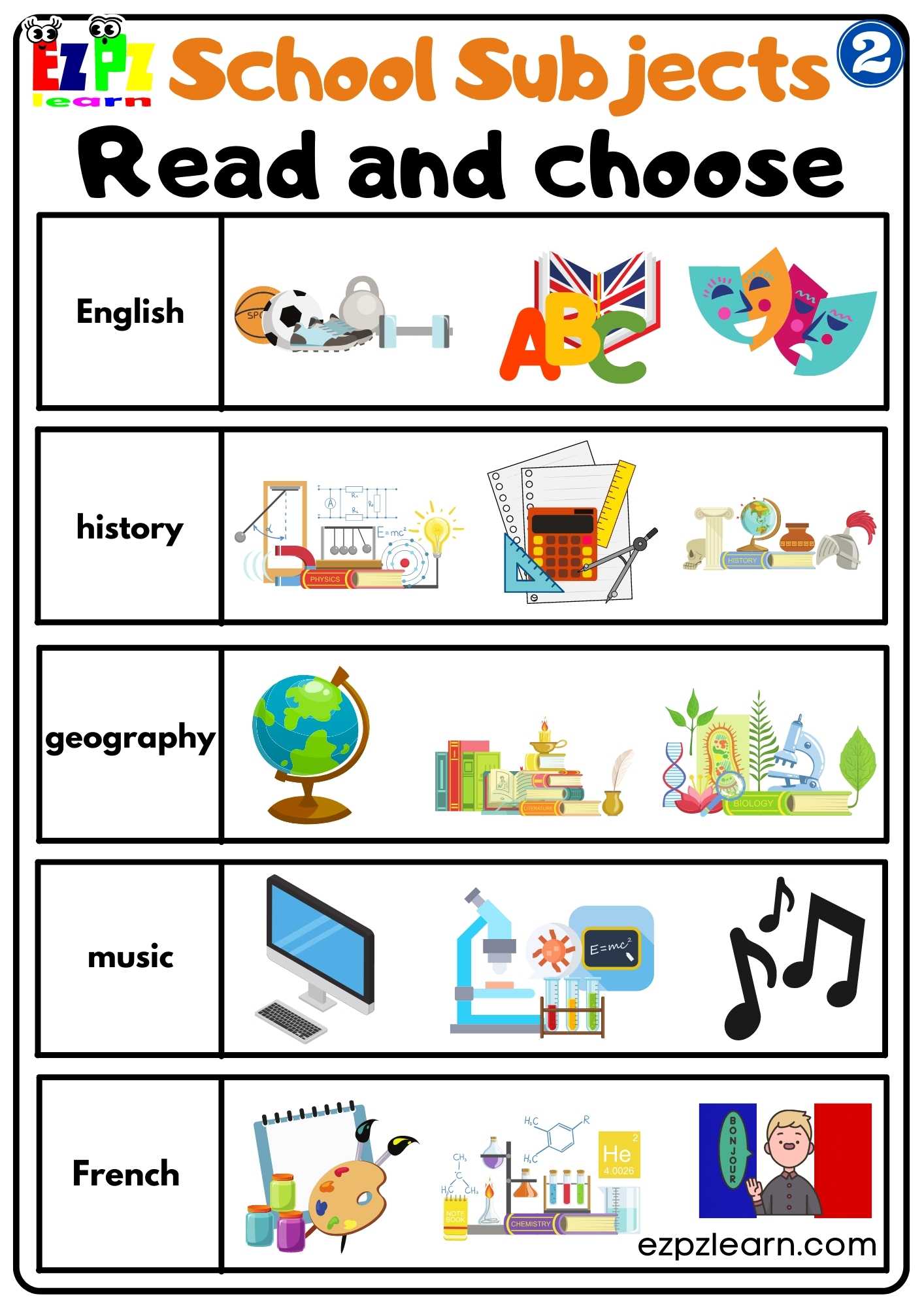 Group2 School Subjects Read and Choose Worksheet for Homeschool and ESL Students